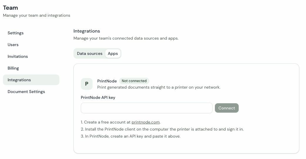 The PrintNode card on the Apps tab before connecting, with the API key field and the three setup steps