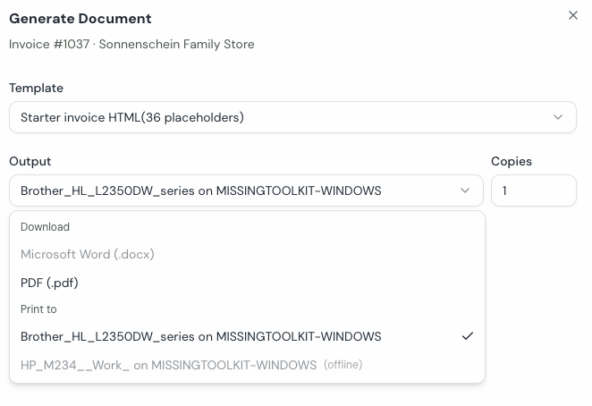 The Output dropdown in the generate sheet, with Word and PDF under Download and the team's printers under Print to