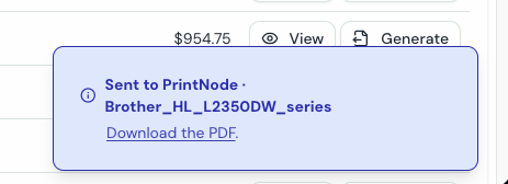 The notification after printing, reading Sent to printer with the printer's name and a link to download the PDF